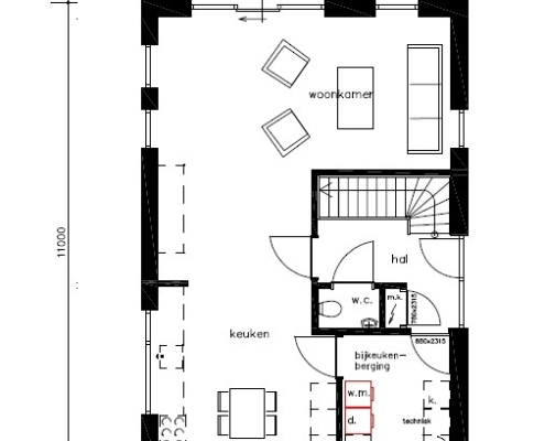 Plattegrond van een traditionele woning met kap, ontworpen met staalframe door Regio-Huis. De indeling biedt een efficiënte en ruime woonoplossing, perfect voor een duurzame en comfortabele leefomgeving.