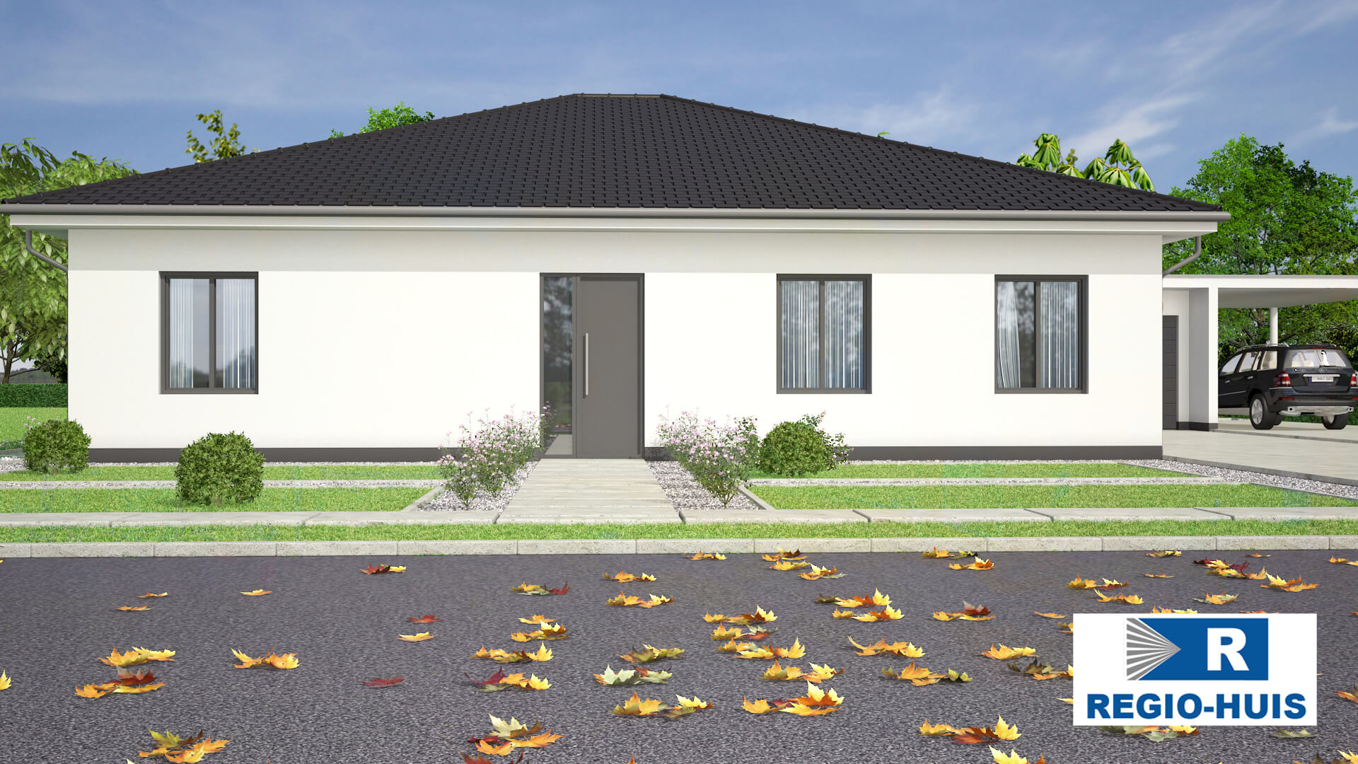 Exterieur van bungalow B132 V2 van Regio-Huis, gebouwd met staalframe en een schuin dak. Het ontwerp combineert moderne architectuur met een garage, grote ramen en een praktische indeling, perfect voor comfortabel en duurzaam wonen. 02