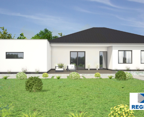 Exterieur van bungalow B132 V2 van Regio-Huis, gebouwd met staalframe en een schuin dak. Het ontwerp combineert moderne architectuur met een garage, grote ramen en een praktische indeling, perfect voor comfortabel en duurzaam wonen. 05