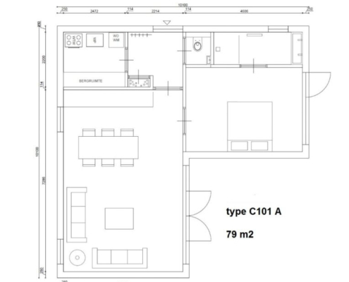 Plattegrond van levensloopbestendige, onderhoudsarme woning type C101 van RegioHuis. Efficiënte indeling met ruime leefruimtes en praktische voorzieningen. 79m2