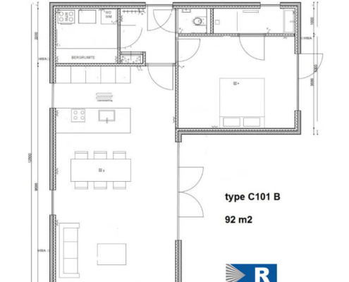 Plattegrond van levensloopbestendige, onderhoudsarme woning type C101 van RegioHuis. Efficiënte indeling met ruime leefruimtes en praktische voorzieningen. 92m2