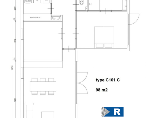 Plattegrond van levensloopbestendige, onderhoudsarme woning type C101 van RegioHuis. Efficiënte indeling met ruime leefruimtes en praktische voorzieningen. 98m2