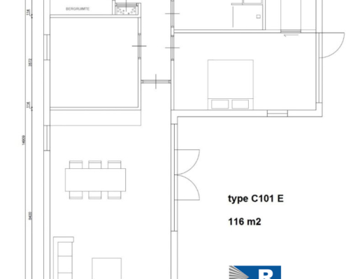 Plattegrond van levensloopbestendige, onderhoudsarme woning type C101 van RegioHuis. Efficiënte indeling met ruime leefruimtes en praktische voorzieningen. 116m2