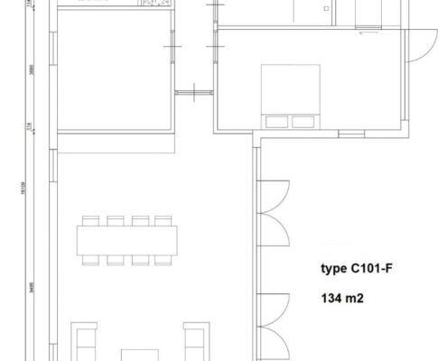 Plattegrond van levensloopbestendige, onderhoudsarme woning type C101 van RegioHuis. Efficiënte indeling met ruime leefruimtes en praktische voorzieningen. 134m2