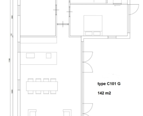 Plattegrond van levensloopbestendige, onderhoudsarme woning type C101 van RegioHuis. Efficiënte indeling met ruime leefruimtes en praktische voorzieningen. 142m2