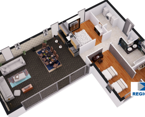 Interieur van levensloopbestendige woning type C101 van RegioHuis. Modern en functioneel ingericht met open leefruimtes, een keuken, en comfortabele voorzieningen. 04