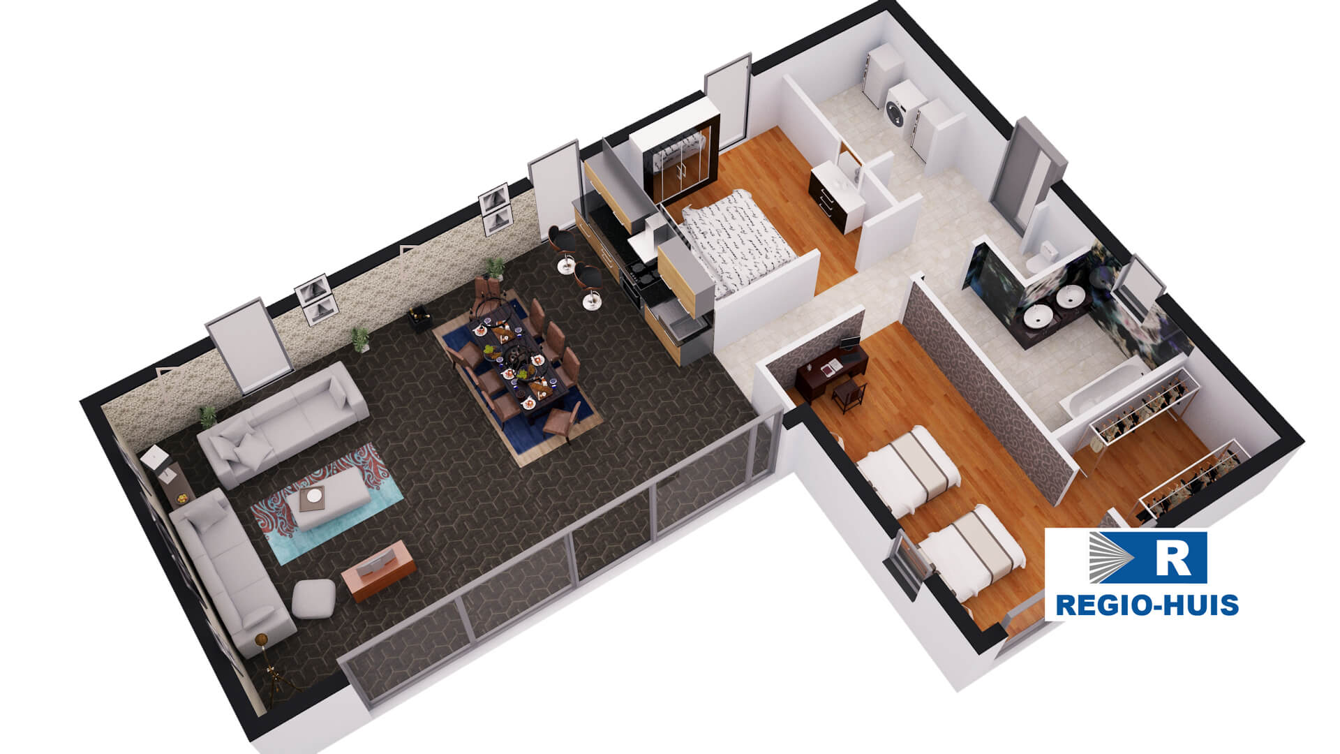 Interieur van levensloopbestendige woning type C101 van RegioHuis. Modern en functioneel ingericht met open leefruimtes, een keuken, en comfortabele voorzieningen. 04