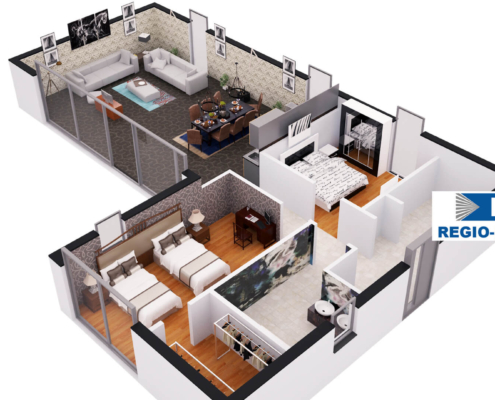 Interieur van levensloopbestendige woning type C101 van RegioHuis. Modern en functioneel ingericht met open leefruimtes, een keuken, en comfortabele voorzieningen. 03
