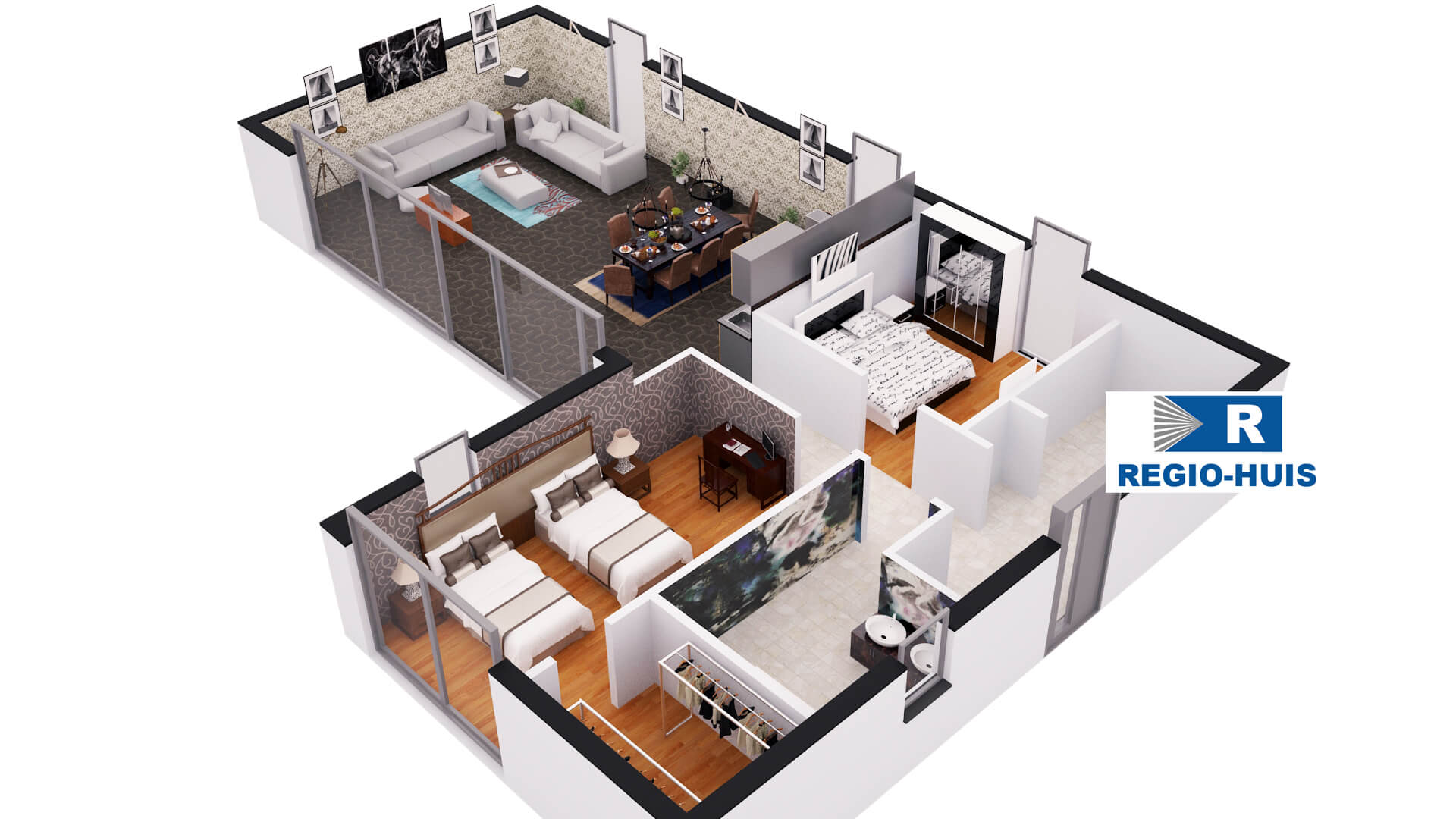 Interieur van levensloopbestendige woning type C101 van RegioHuis. Modern en functioneel ingericht met open leefruimtes, een keuken, en comfortabele voorzieningen. 03