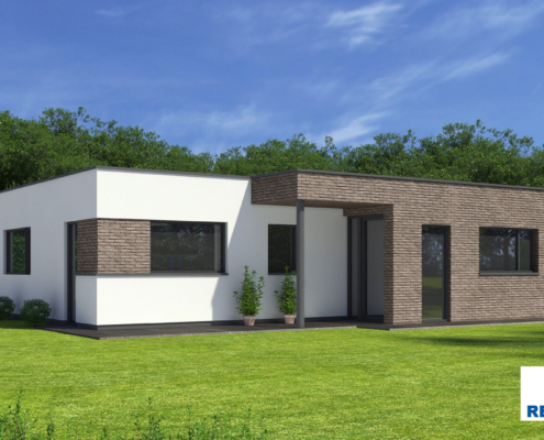 Exterieur van bungalow B161 van Regio-Huis, ontworpen met staalframebouw voor duurzame en efficiënte constructie. Het moderne ontwerp toont een strak uiterlijk met grote ramen en een plat dak, ideaal voor een energiezuinige en comfortabele leefomgeving. 04