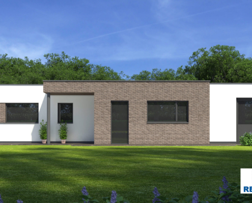 Exterieur van bungalow B161 van Regio-Huis, ontworpen met staalframebouw voor duurzame en efficiënte constructie. Het moderne ontwerp toont een strak uiterlijk met grote ramen en een plat dak, ideaal voor een energiezuinige en comfortabele leefomgeving. 05